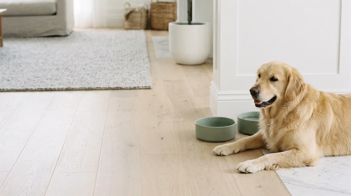 A calm dog resting beside an open daily-log journal and a sage ceramic feeding bowl on a pale oak surface