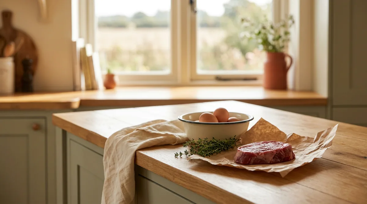 Editorial bar chart on a pale oak counter showing canine food-trigger frequencies, with beef the tallest bar followed by dairy and chicken