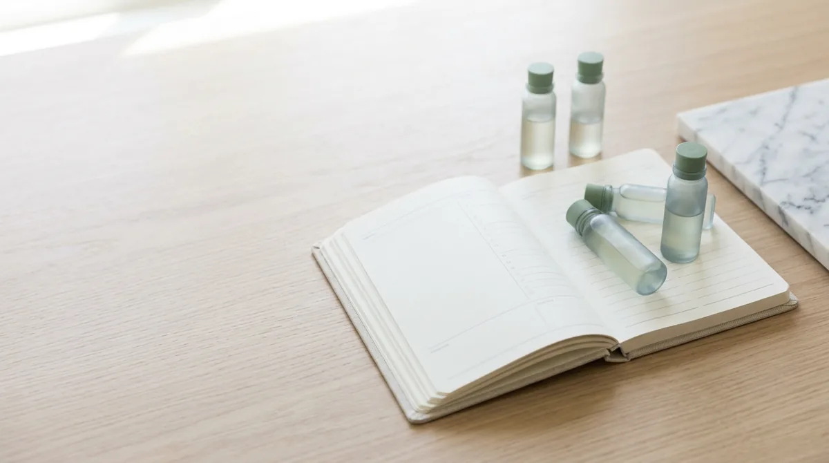 Stylised abstract lab vial outlines and an open notebook page on a pale oak surface